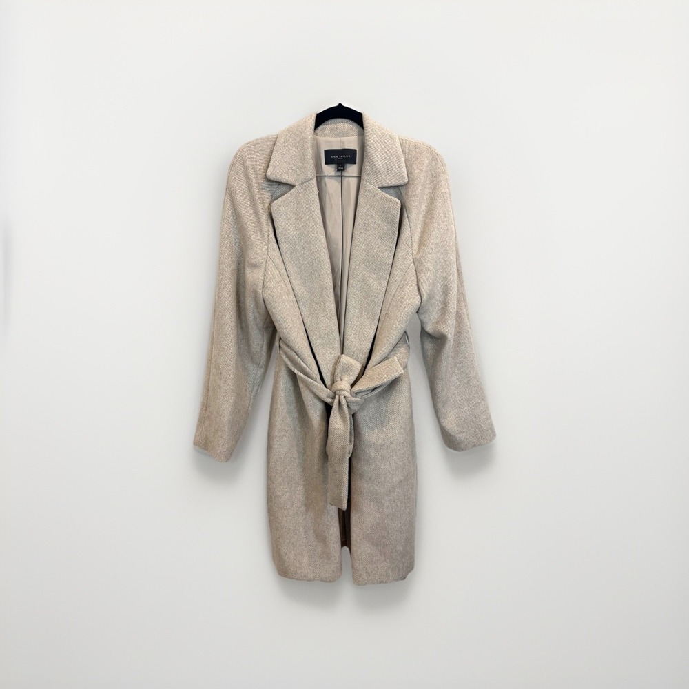 Ann Taylor Size Large Herringbone Tie Waist Coat with Pockets in Beige &‎ Taupe